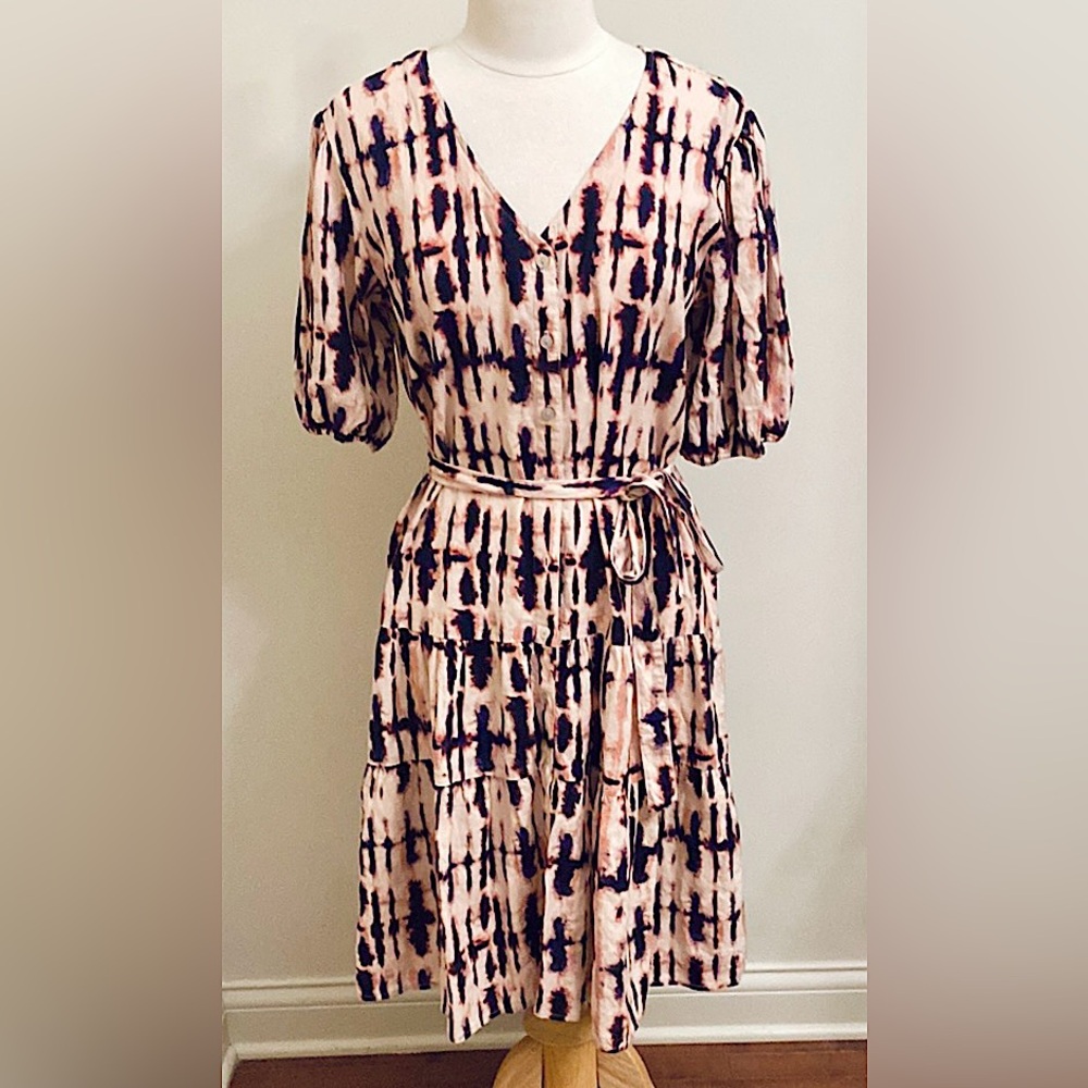 Time and Tru Pink Navy Blue Print SZ M Boho Chic Coastal Cottagecore Linen Dress